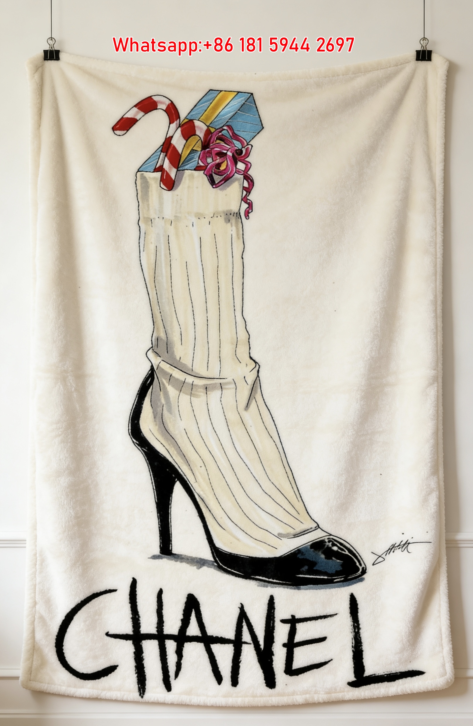 Chanel Christmas High Heel Stocking Flannel Sofa Throw Blanket IMG_6813